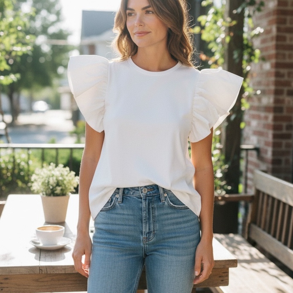 Cotton White Ruffle Sleeve Top